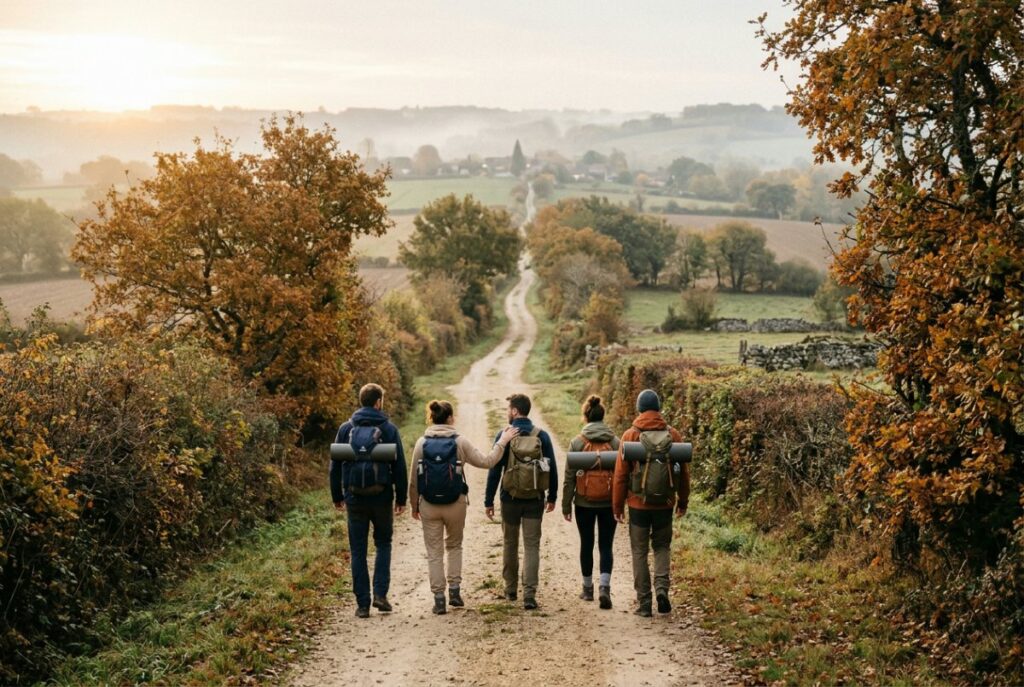 Petit groupe de randonneurs sur un chemin de campagne en automne, tapis de yoga sur le sac